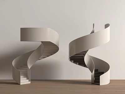 Dual White Spiral Staircase Modern Minimalist Design Against Light Colored Wall With Wooden Floor 3d model