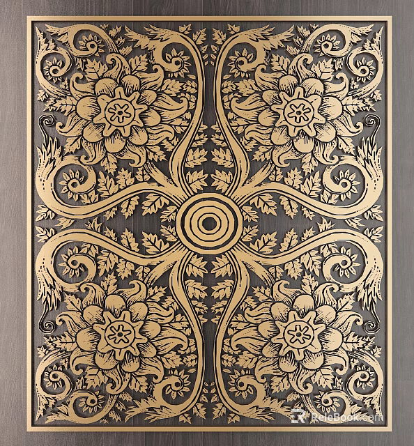 Artistic Carved Floral Patterns On Decorative Panel With Symmetric Design 3d model 