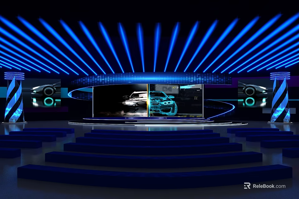 Modern Stage Design With Blue Lighting Large Screen And Car 3d model 