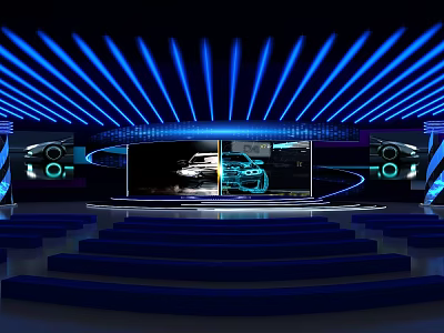 Modern Stage Design With Blue Lighting Large Screen And Car 3d model