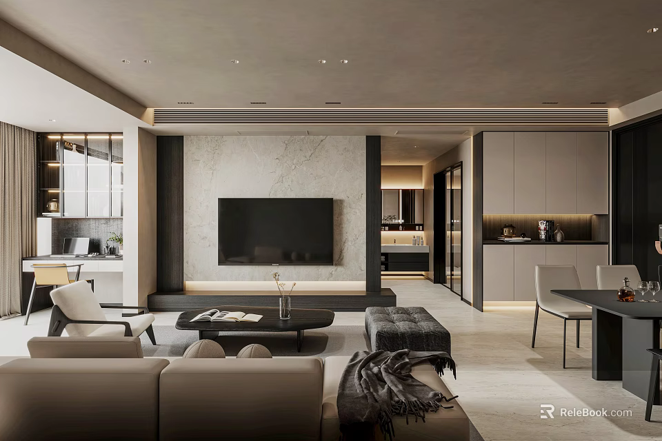 Modern Living Room Interior Design With Marble Accent Wall Grey Sofa And Black Coffee Table 3d model 