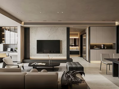Modern Living Room Interior Design With Marble Accent Wall Grey Sofa And Black Coffee Table 3d model