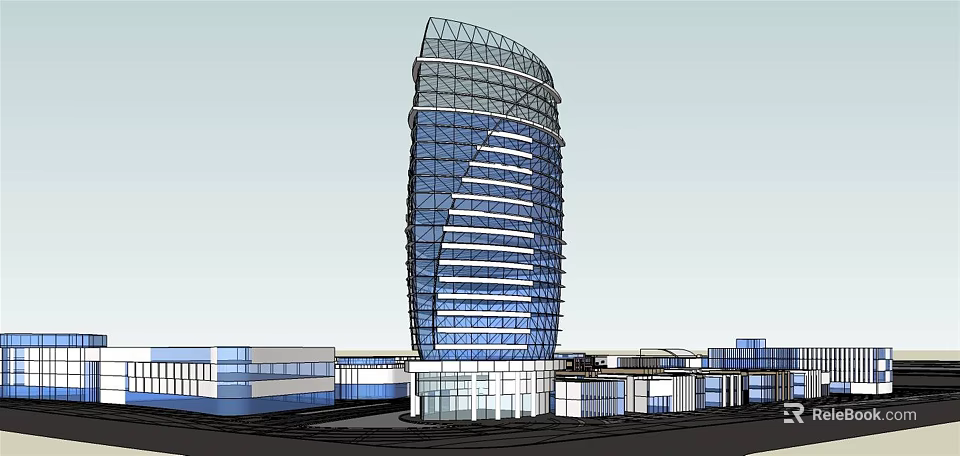 Modern Commercial Complex With Curved Glass Curtain Wall And Multi Storey Structure 3d model