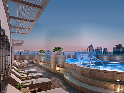 Elegant Roof Terrace With Swimming Pool Lounge Chairs City Skyline Fountain Green Plants And Canopy 3d model