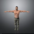 Shirtless Man With Camouflage Pants And Boots Standing With Arms Outstretched Against Gray Background