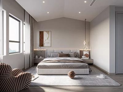 Modern Minimalist Bedroom Interior With Bedside Tables Hanging Lamp Window Curtains And Area Rug 3d model