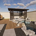Modern Roof Courtyard Garden With Outdoor Sofa Umbrella Wooden Deck And Green Plants