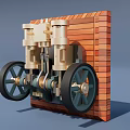 Industrial Equipment Featuring Dual Cylinders Metal Components Black Wheels And Wooden Structure Background
