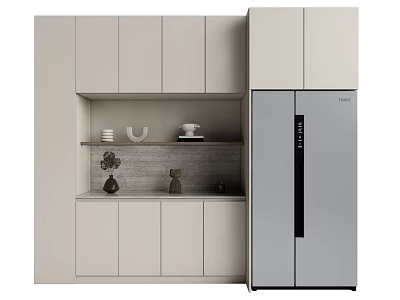 Modern Sideboard With Upper Cabinets Open Shelves Tableware And Silver Refrigerator 3d model