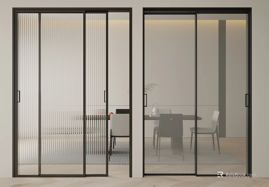 Modern Black Framed Sliding Doors with Ribbed and Clear Glass in Dining Interior Space 3d model 