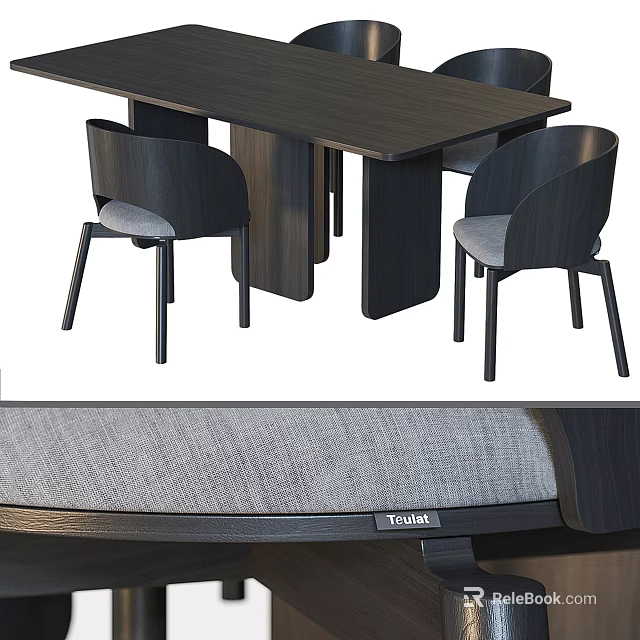 Dining Table Set With Dark Wood Frame And Gray Padded Tostali Chairs 3d model