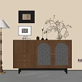 Brown Console Side Cabinet with Arched Glass Doors Drawers Decorative Vase Floor Lamp Wall Art