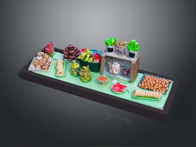 Colorful Food Display With Fresh Fruits Vegetables Bread And Nuts On Stand 3d model