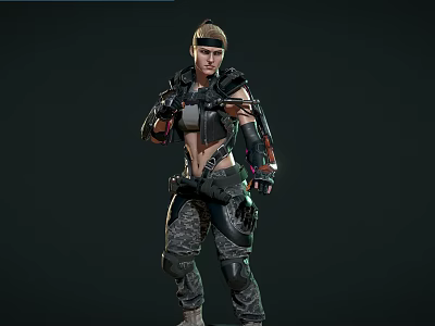 Futuristic Woman Wearing Tactical Gear With Mechanical Arm And Camouflage Pants 3d model