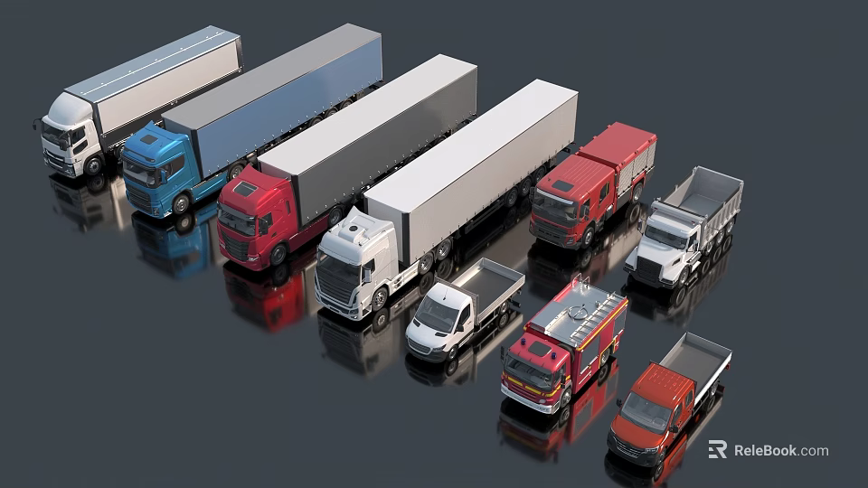 Various Colored Commercial Trucks Including Cargo Vans Fire Engines and Flatbeds 3d model 