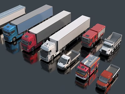 Various Colored Commercial Trucks Including Cargo Vans Fire Engines and Flatbeds 3d model