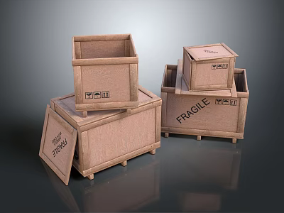 Wooden Shipping Crates With Fragile Labels Stacked And Open Design 3d model