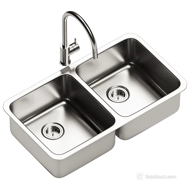 Stainless Steel Double Bowl Kitchen Sink With Modern Faucet For Home Kitchen Use 3d model 