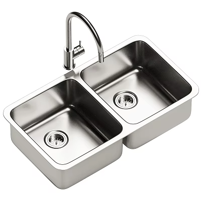 Stainless Steel Double Bowl Kitchen Sink With Modern Faucet For Home Kitchen Use 3d model