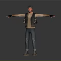 3D Model Man With Arms Outstretched Wearing Black Vest Brown T-Shirt Blue Jeans Gray Sneakers