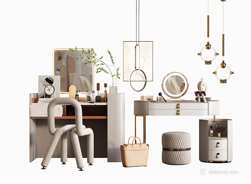 Elegant Modern Dressing Table Interior With Round Mirror Decorative Plants And Storage Boxes 3d model