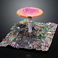 Pink Spotted Mushroom with White Stem on Green Moss Dry Leaves Square Mat Black Background