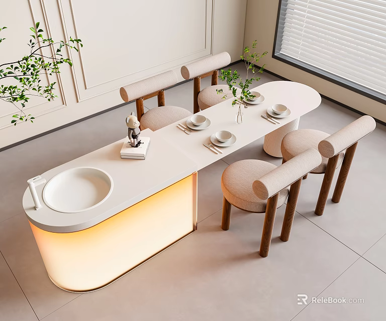 Modern Minimalist Table Chair Set With Round White Table Wooden Legs Upholstered Seats Green Plants 3d model 