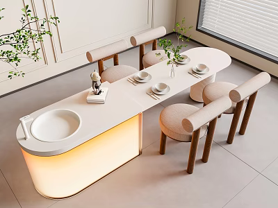 Modern Minimalist Table Chair Set With Round White Table Wooden Legs Upholstered Seats Green Plants 3d model