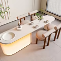 Modern Minimalist Table Chair Set With Round White Table Wooden Legs Upholstered Seats Green Plants