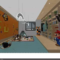 Colorful Kids Playroom Interior With Orange Mosaic Wall Blue Floor Toys Slide And Bookshelves