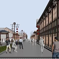 Vibrant Chinese Commercial Street with Red Lanterns Traditional Buildings and Pedestrians Walking