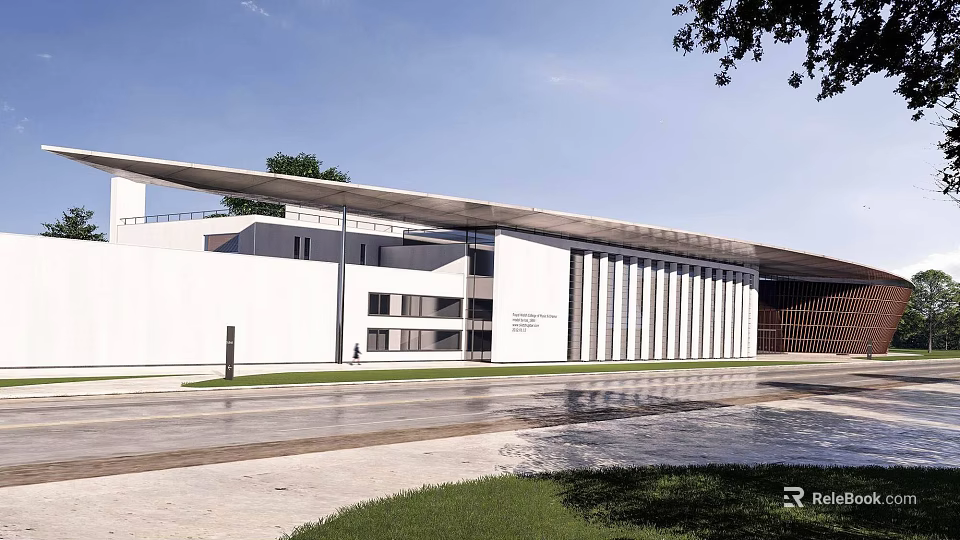 Modern Museum Architecture With White Exterior Horizontal Lines And Water Reflection 3d model 