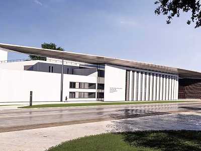 Modern Museum Architecture With White Exterior Horizontal Lines And Water Reflection 3d model