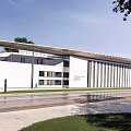 Modern Museum Architecture With White Exterior Horizontal Lines And Water Reflection
