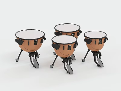Set of Four Brown Musical Drums With White Heads And Metal Stands 3d model