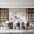 Elegant Modern Restaurant Interior With Dining Table Chairs Landscape Wall Art And Bookshelves