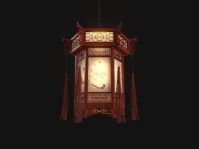 Traditional Chinese Wooden Lantern With Intricate Carved Design And Hanging Tassels Illuminated 3d model