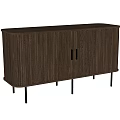 Modern Dark Wood Entryway Console Cabinet With Vertical Slat Panels Black Metal Handles And Slim Legs