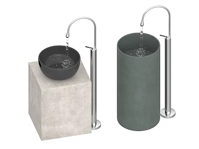 Black Bowl Washbasin on Concrete Base and Cylindrical Green Sink with Silver Faucet Water Flow 3d model