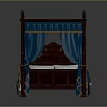 Dark Wooden Carved Four Poster Bed with Blue Canopy Drapes Gold Trim and White Pillows