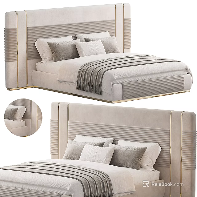 Elegant Modern Double Bed With Beige Upholstered Headboard Gold Trim Multiple Pillows And Striped Blanket 3d model 