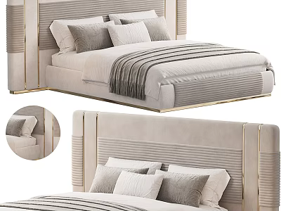 Elegant Modern Double Bed With Beige Upholstered Headboard Gold Trim Multiple Pillows And Striped Blanket 3d model