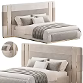 Elegant Modern Double Bed With Beige Upholstered Headboard Gold Trim Multiple Pillows And Striped Blanket