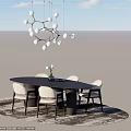 Modern Dining Chairs Surrounding Black Oval Table With Hanging Pendant Light Vase And Area Rug