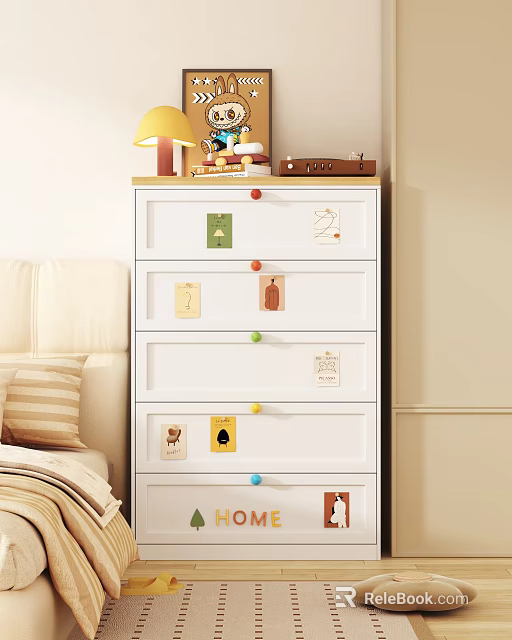 White Chest of Drawers With Colorful Knobs Decorative Tags And Lamp On Top In Bedroom 3d model 