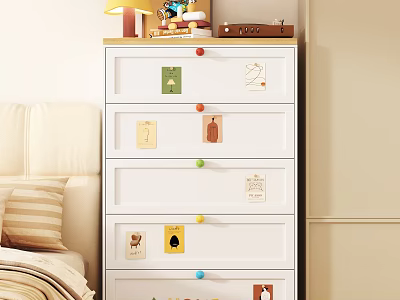White Chest of Drawers With Colorful Knobs Decorative Tags And Lamp On Top In Bedroom 3d model