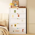 White Chest of Drawers With Colorful Knobs Decorative Tags And Lamp On Top In Bedroom