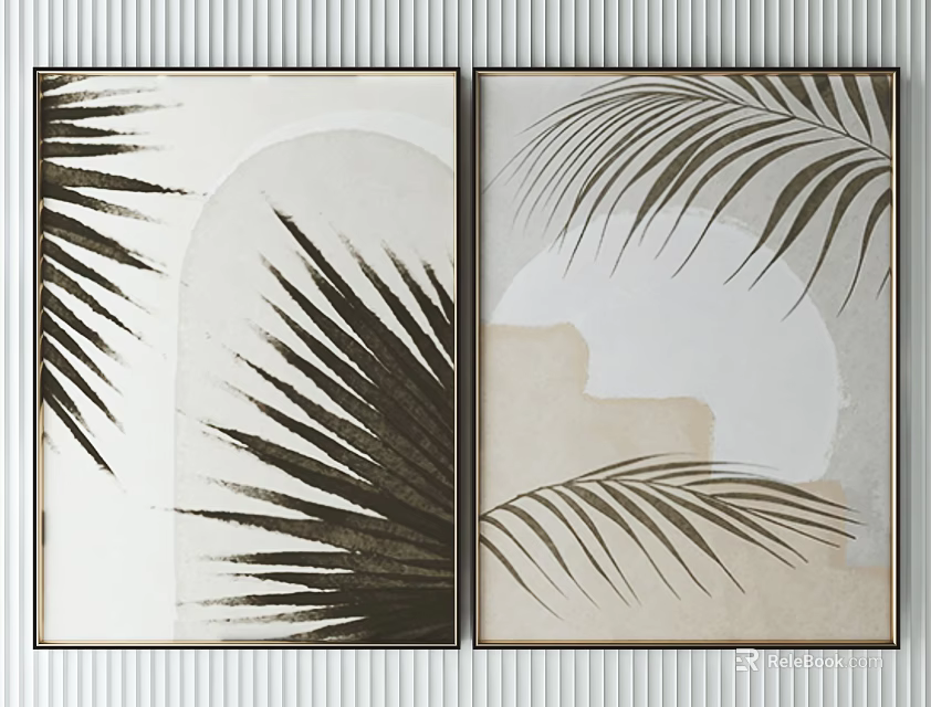 Two Palm Leaf Wall Art Pieces With Abstract Background And Frames 3d model