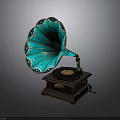 Vintage Phonograph with Turquoise Horn Gold Accents and Wooden Base in Retro Style