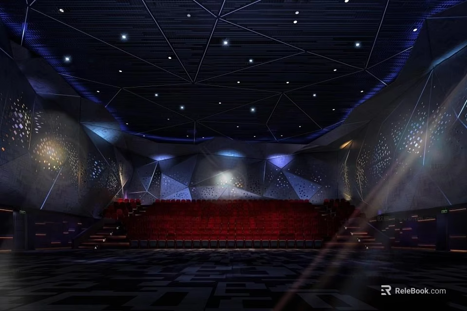Modern Cinema Interior With Red Comfortable Seats And Geometric Ceiling Design 3d model 
